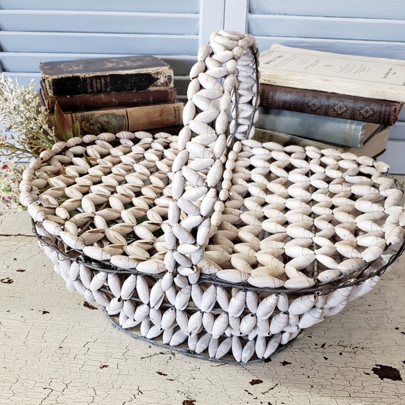 Vintage Seashell Lidded Basket Wire Frame Coastal